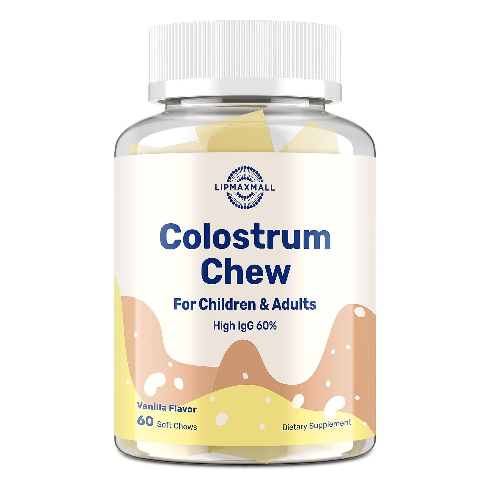 LipMaxMall gomitas de colostro sabor vainilla para apoyo inmunitario diario.