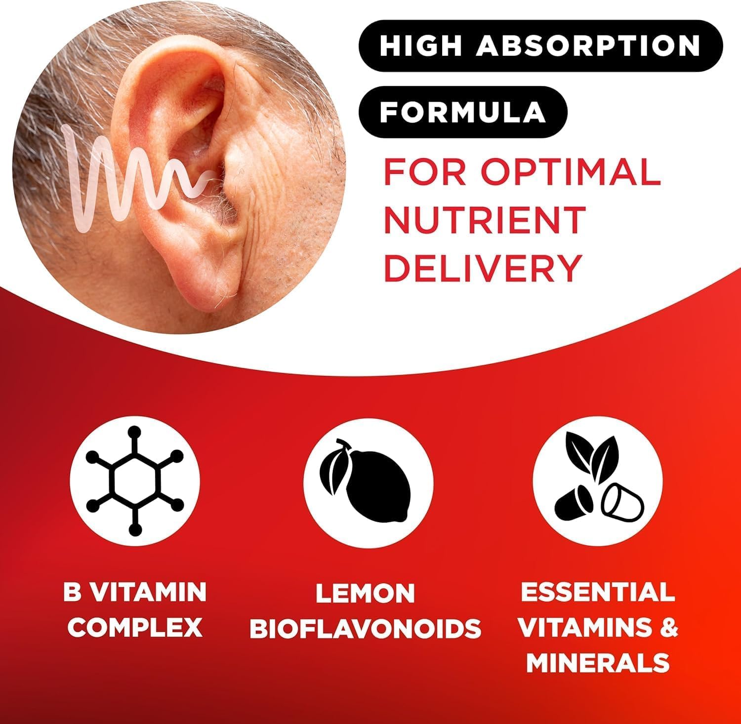 Vitaminas C, B1 y B2 en Lipo-Flavonoid para nutrición del oído.