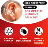 Vitaminas C, B1 y B2 en Lipo-Flavonoid para nutrición del oído.