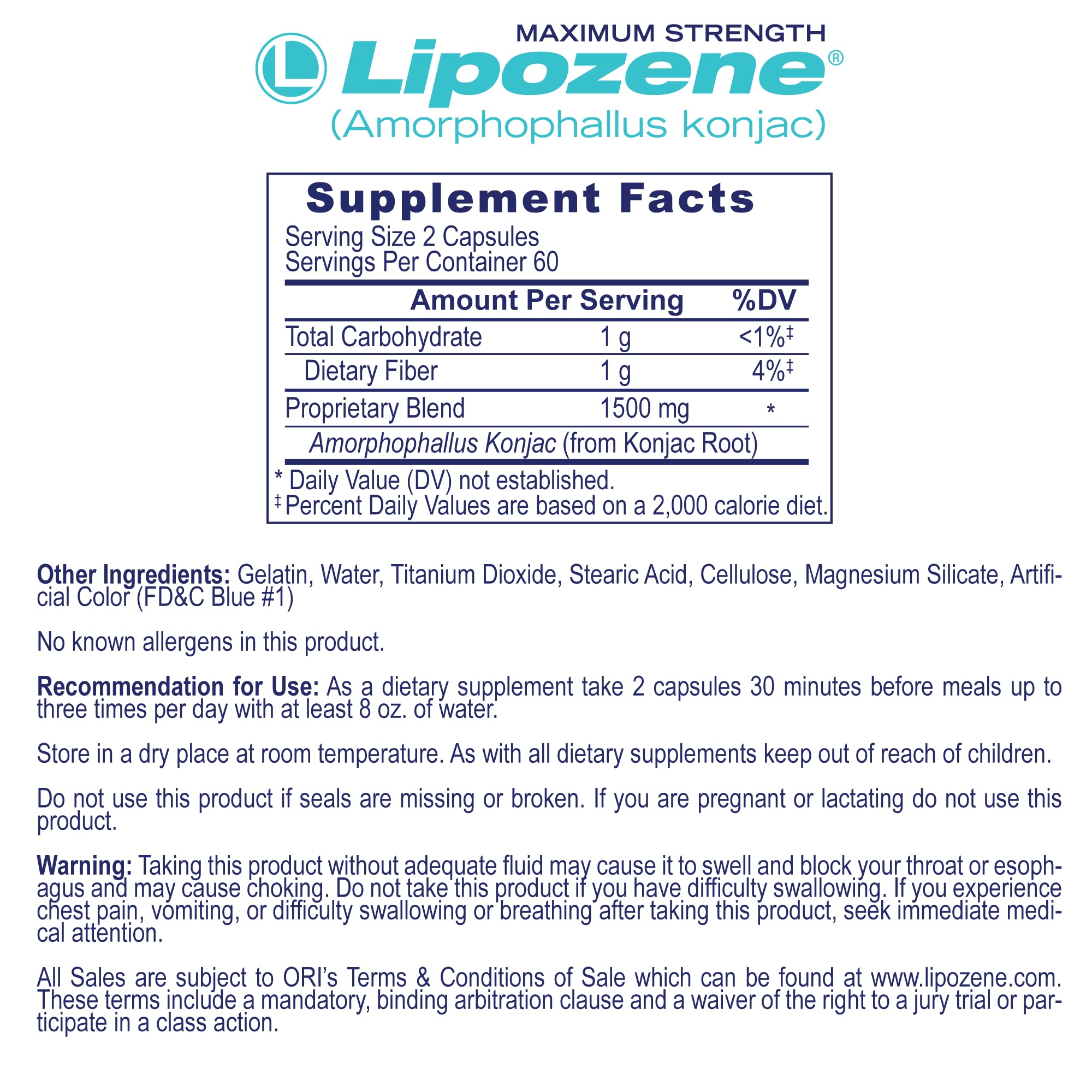 Etiqueta de Lipozene con información de uso y composición.