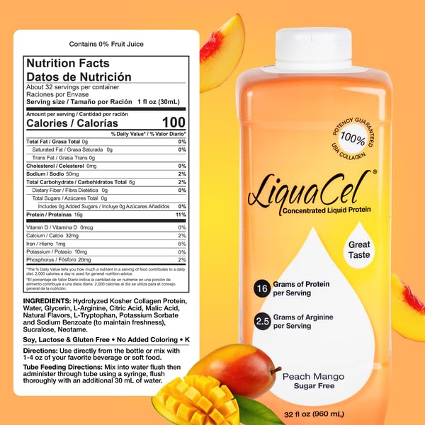 Botella LiquaCel 32oz durazno mango, bebida proteica lista para consumo