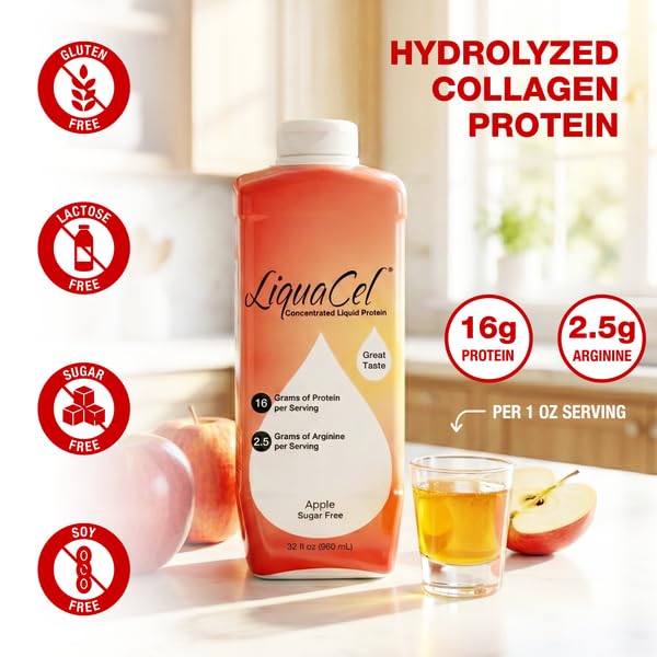 LiquaCel frente del envase mostrando sabor manzana y proteínas