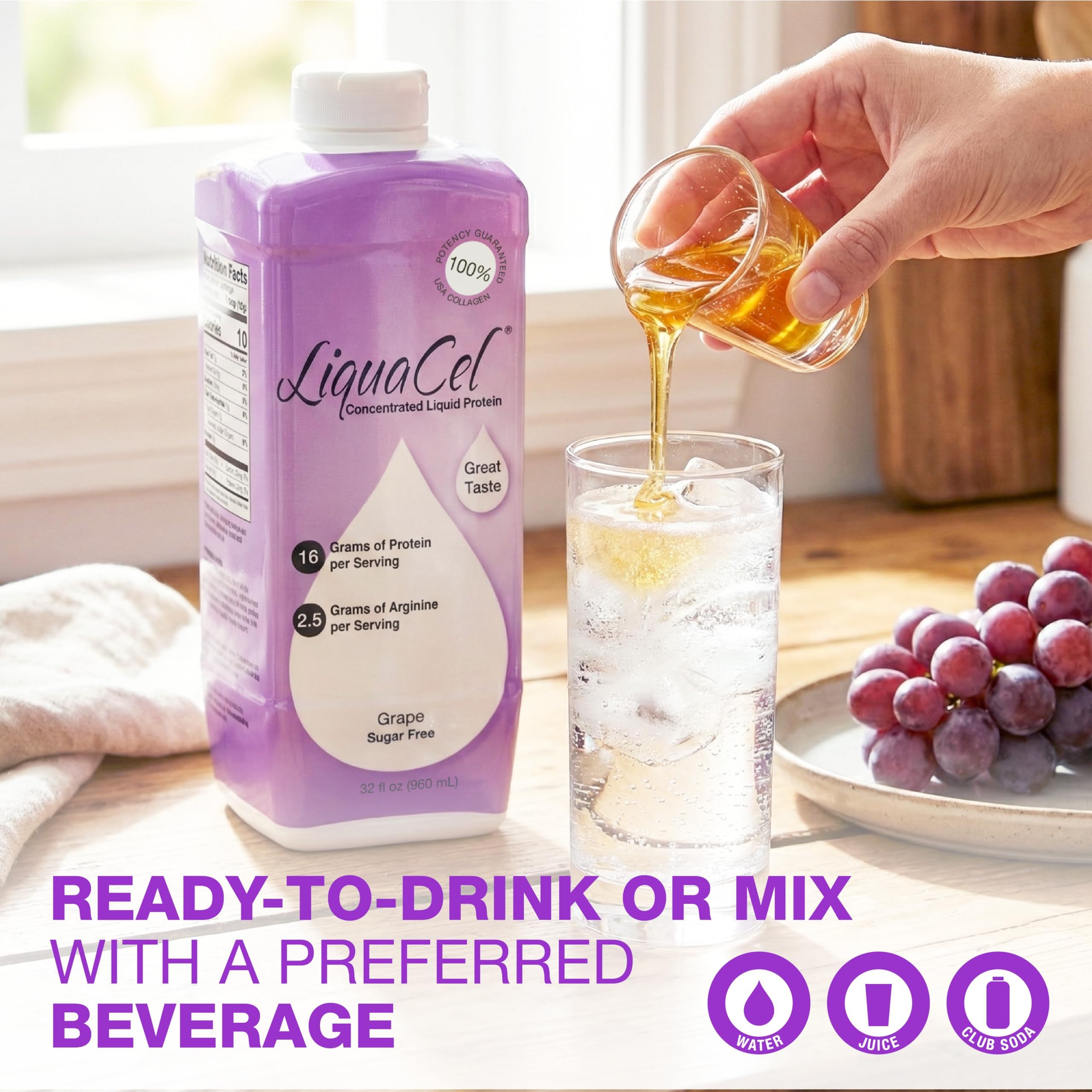 LiquaCel mezcla facil con agua, jugo o soda