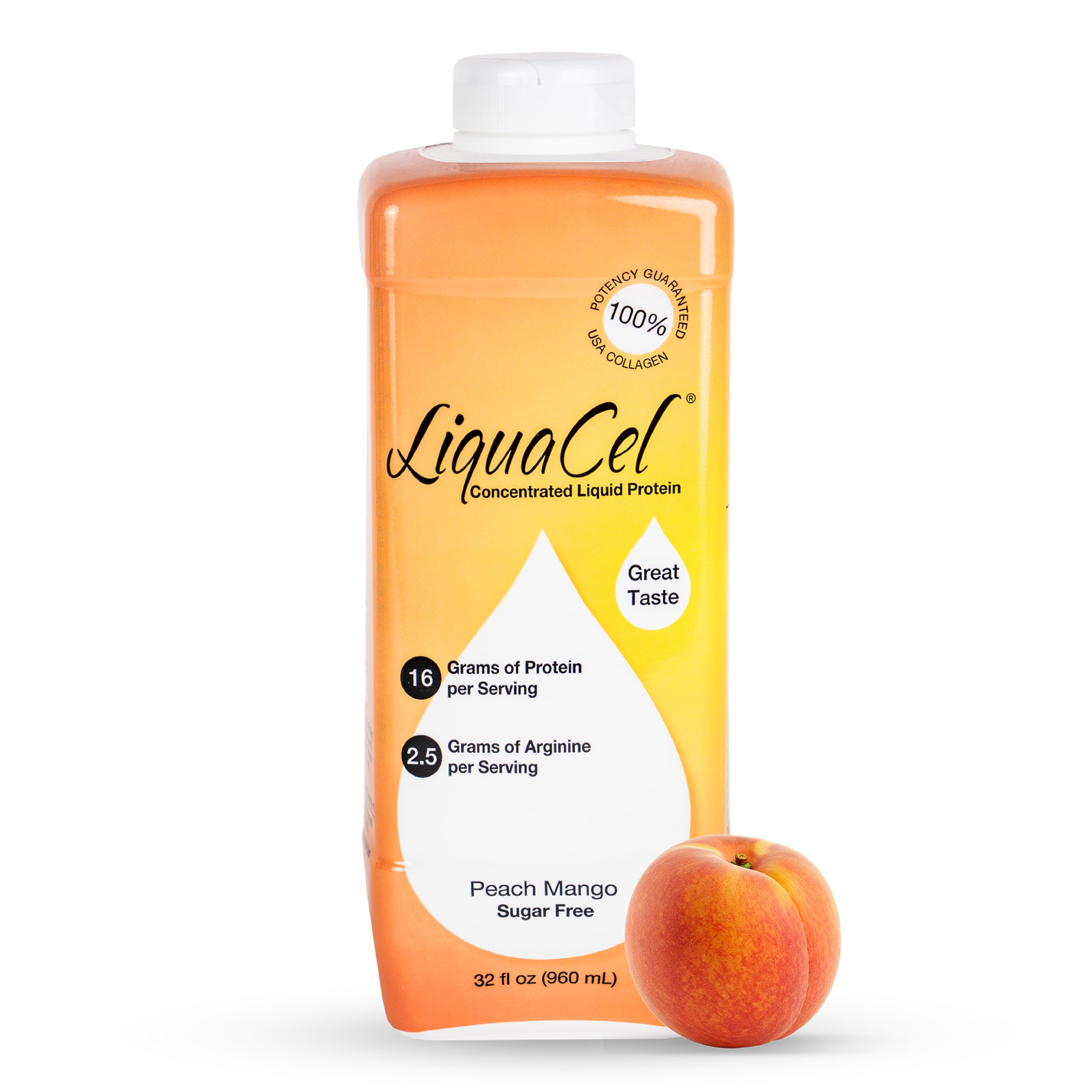 LiquaCel proteína líquida concentrada melocotón-mango en botella para consumo diario