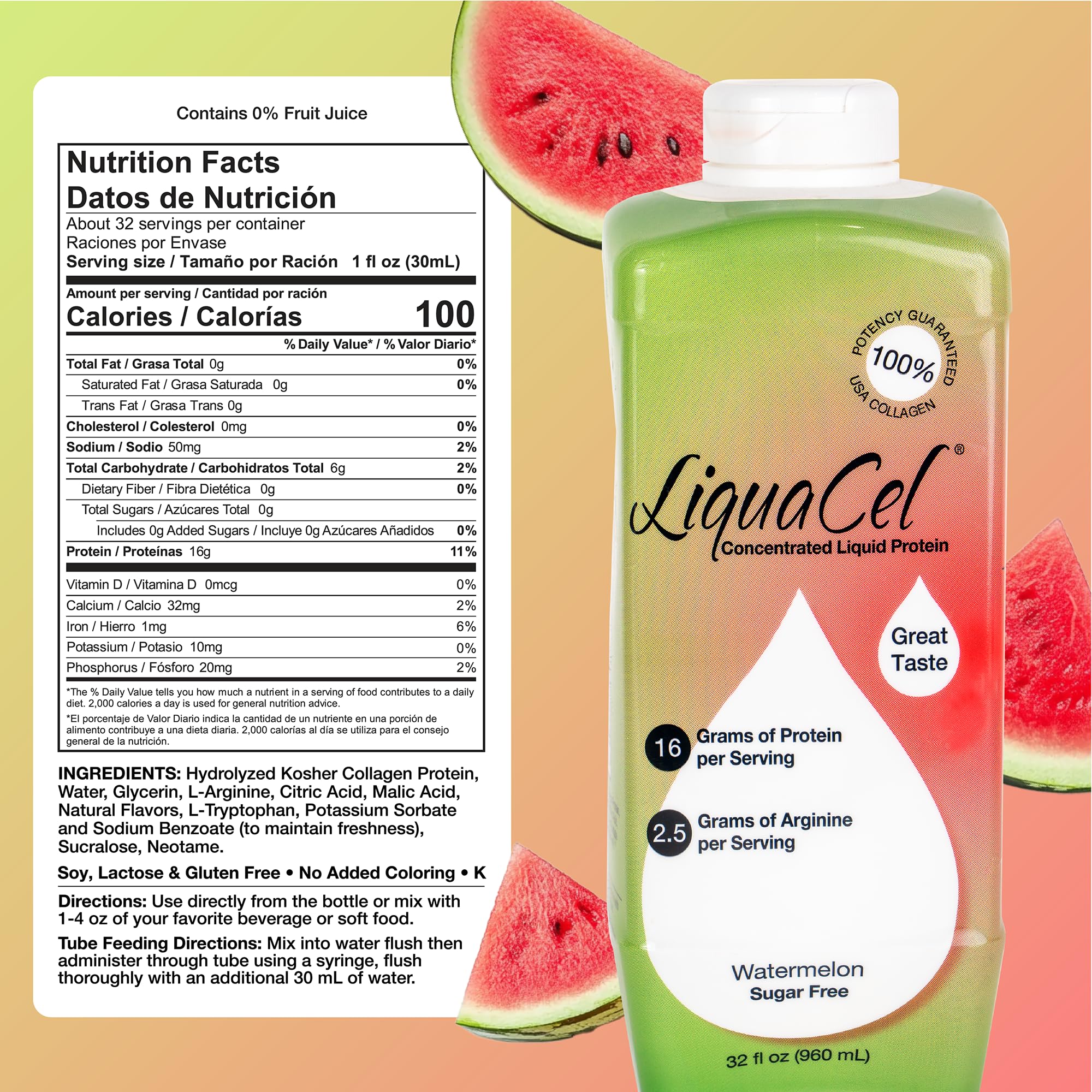 LiquaCel proteína líquida sandía, porción 1 oz, conveniente para entrenamientos.