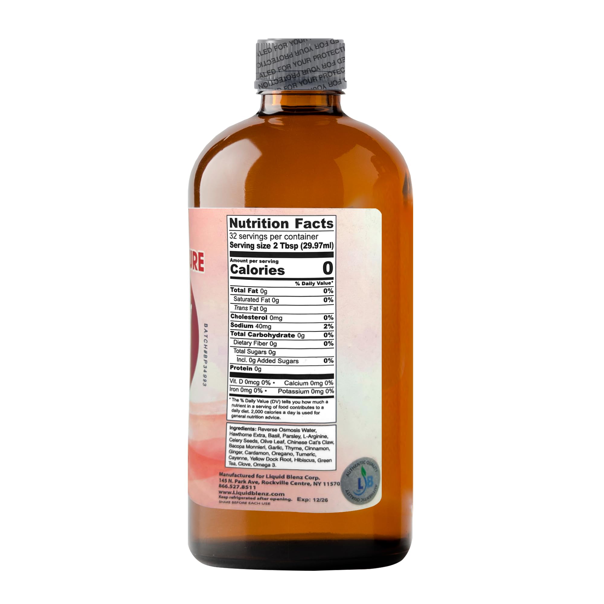 Liquid Blenz etiqueta hierbas resalta espino albar e hibisco para bienestar.