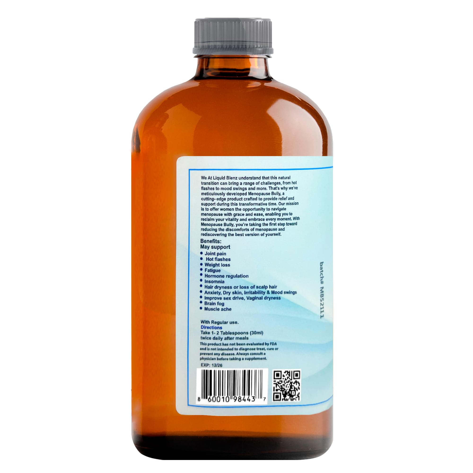 LIQUID BLENZ Menopausia Bully: botella sobre mesa para rutina diaria