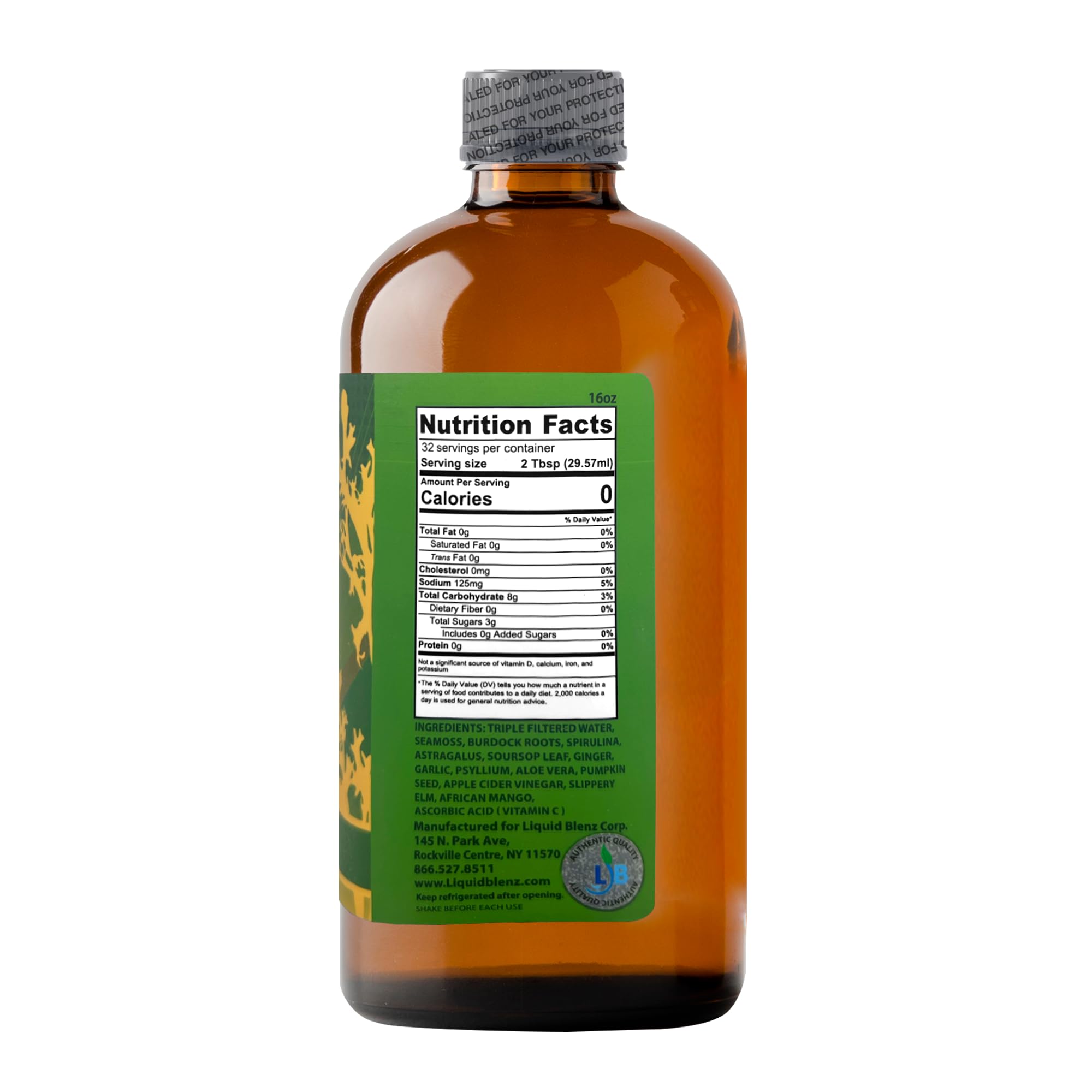 LIQUID BLENZ Tónico de musgo marino, etiqueta clara para bienestar.