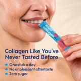 Liquid Collagen Stix: envase práctico de 14 porciones, fácil de llevar en bolso.