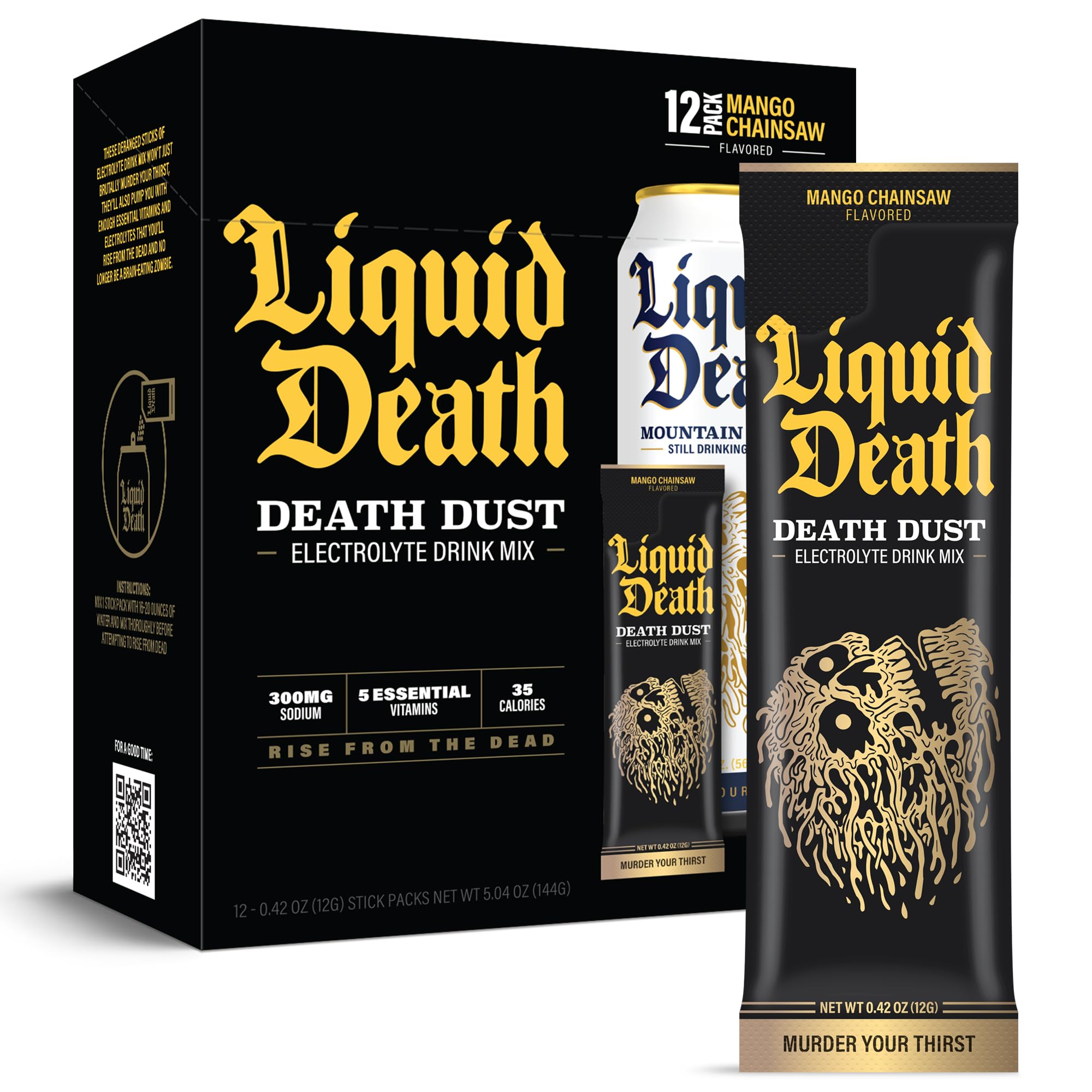 Liquid Death Polvo de electrolitos Mango en empaque: recarga rápida para entrenamientos.