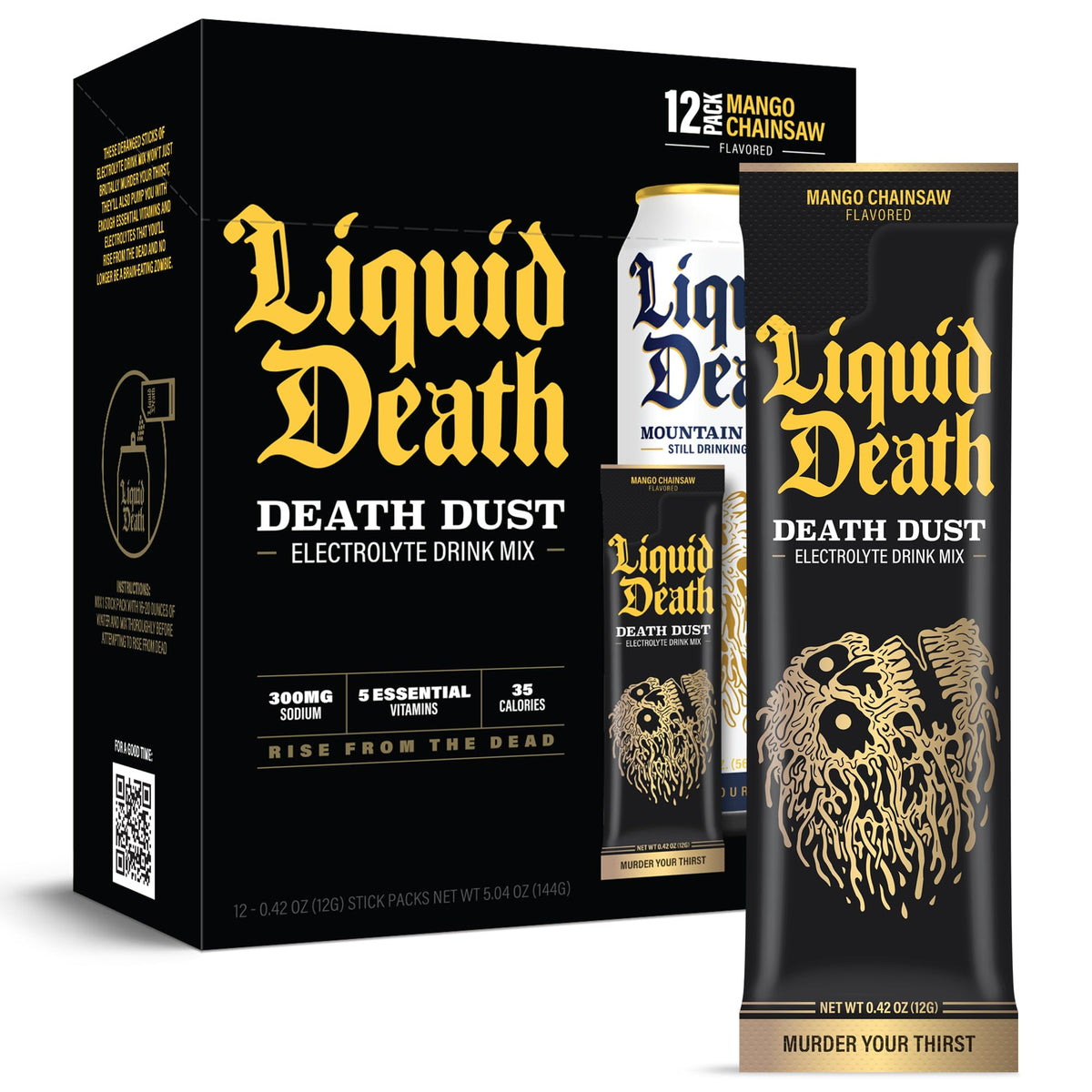 Liquid Death Polvo de electrolitos Mango en empaque: recarga rápida para entrenamientos.