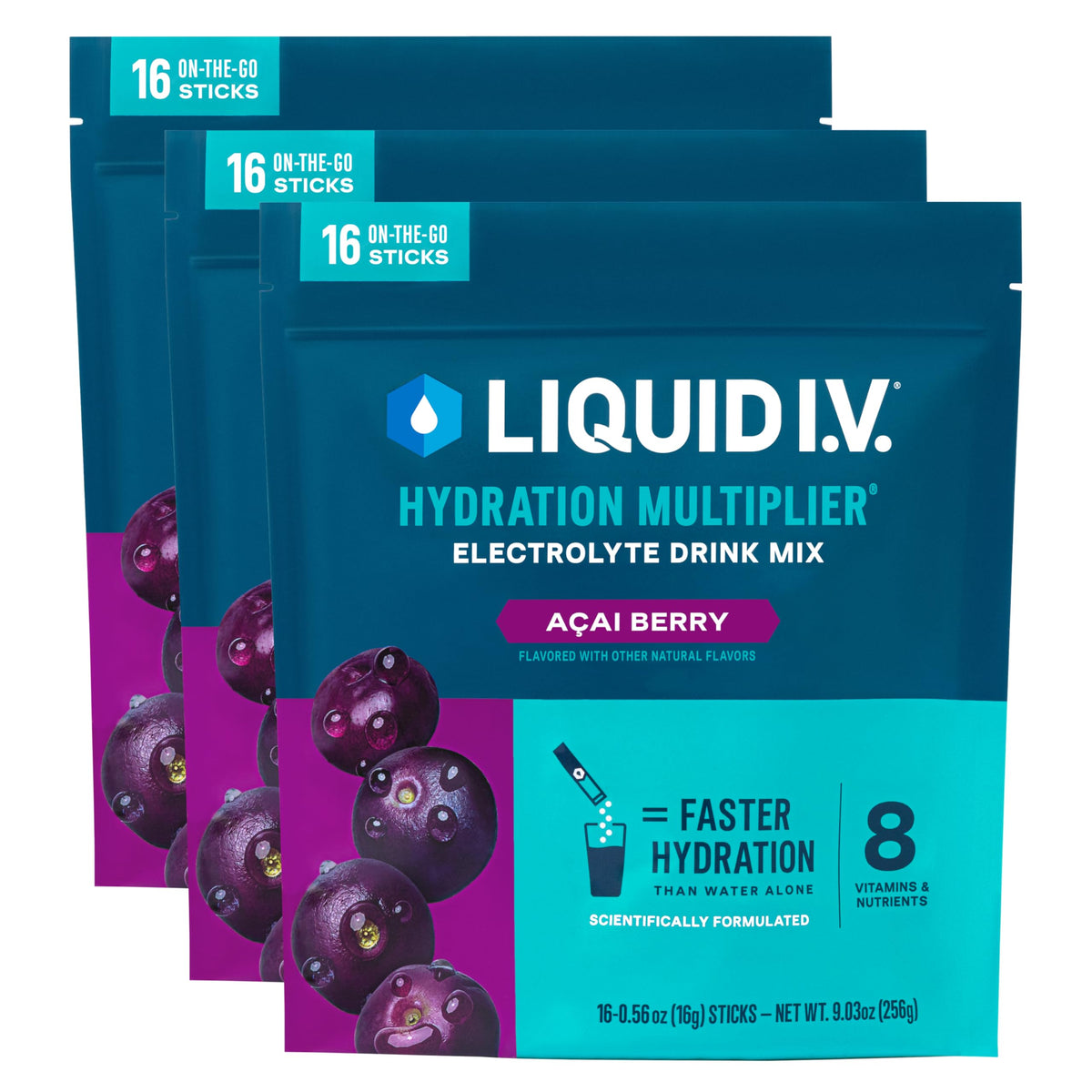 Liquid I.V. Acai Berry en sobre de porción, listo para hidratar en cualquier lugar.