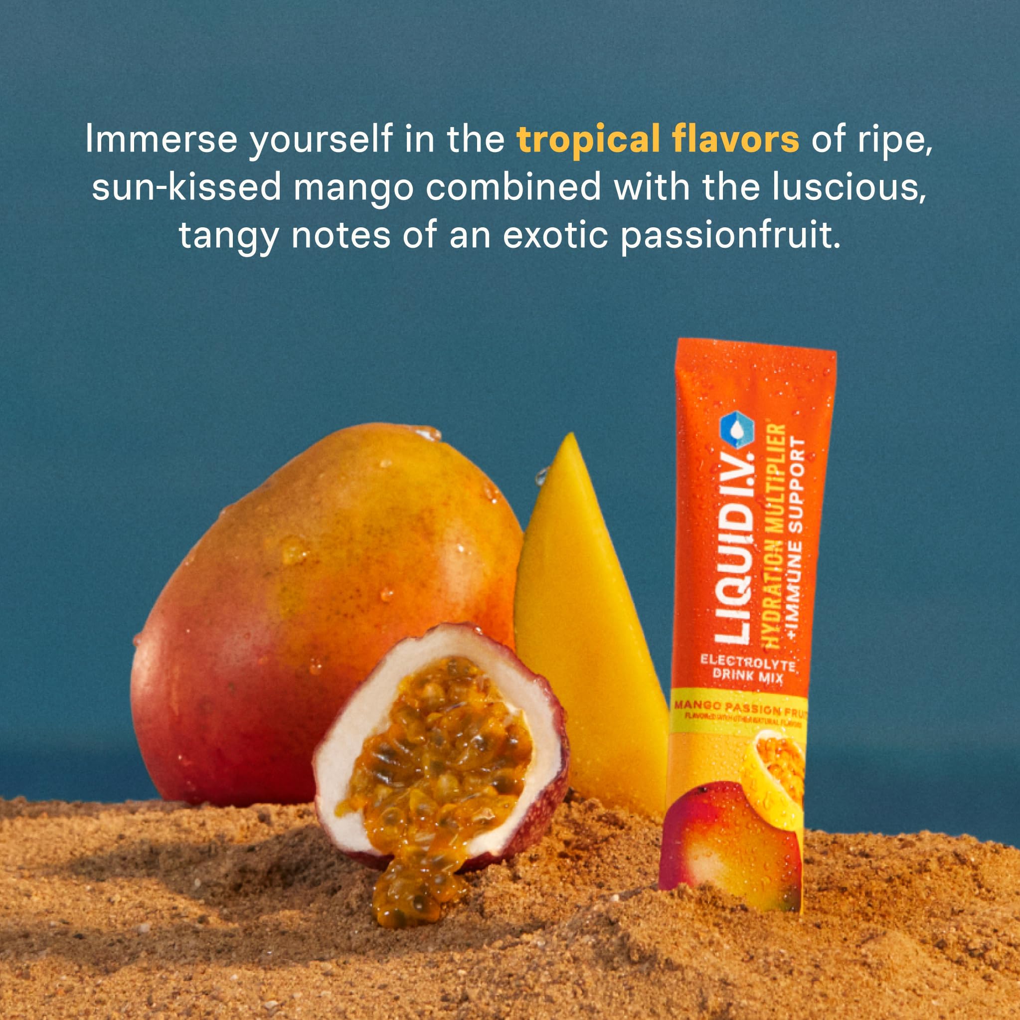 Liquid I.V. Botella vertido Mango Passion, ideal para uso en casa o durante el viaje.