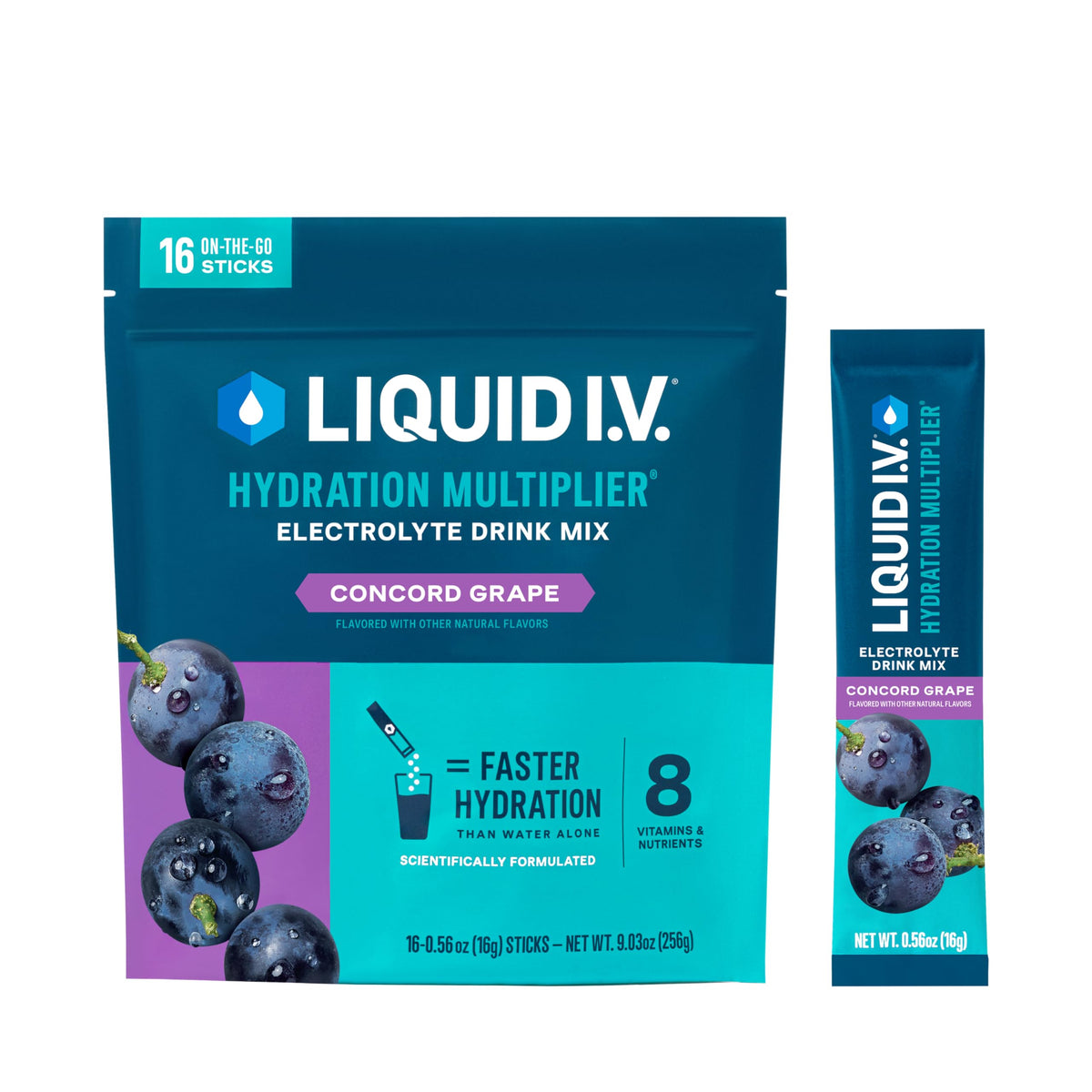 Liquid I.V. Concord Grape, paquete listo para disolver en agua y empezar la hidratación
