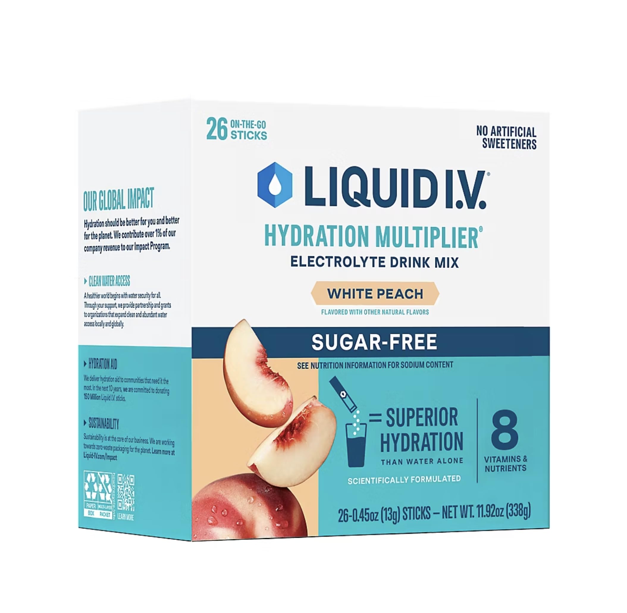 Liquid I.V. durazno blanco, polvo sin azúcar para hidratación rápida y conveniente