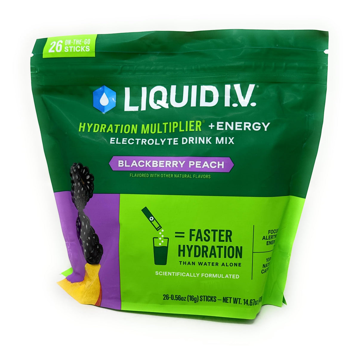 Liquid I.V. empaque de 26 sobres, solución portátil para hidratación.