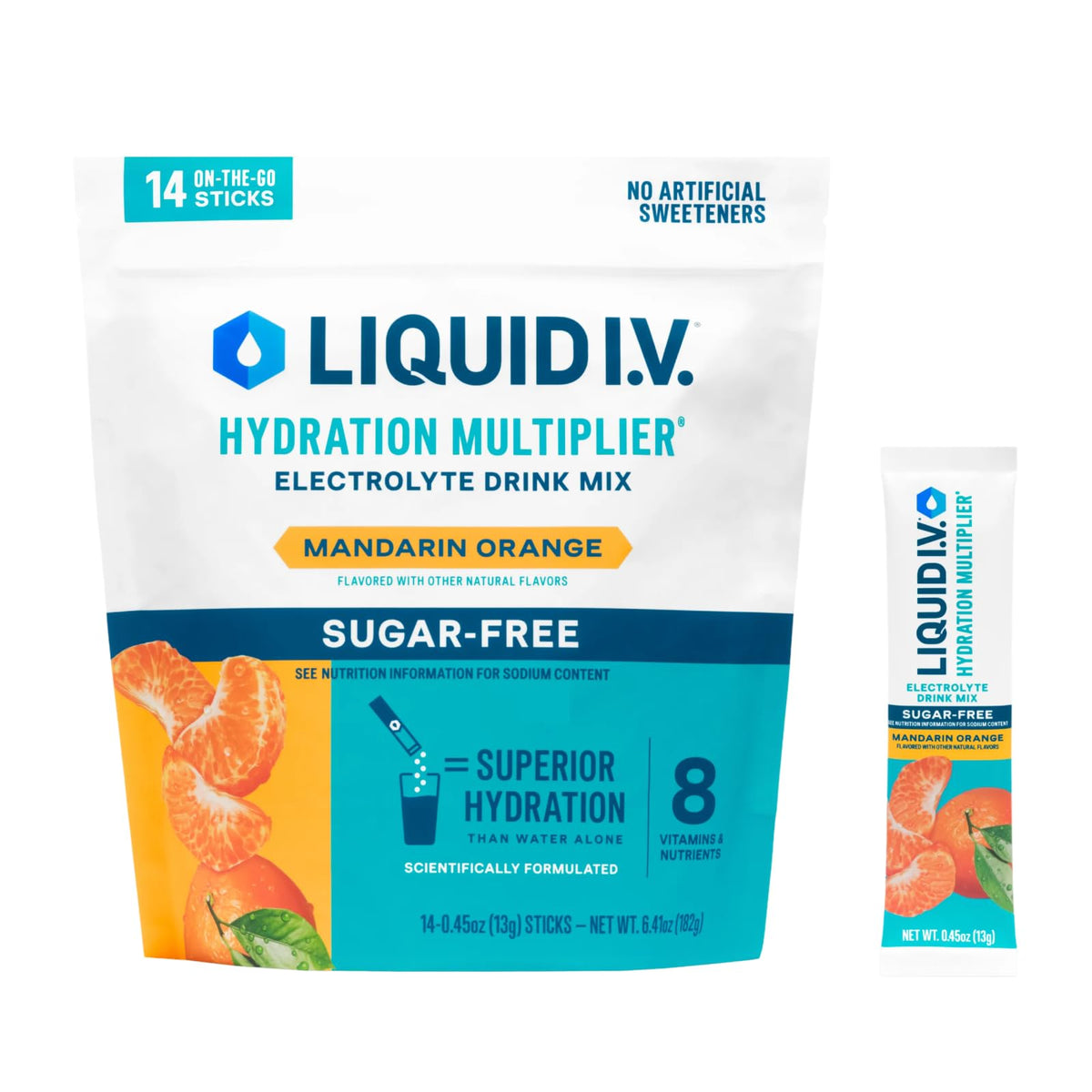 Liquid I.V. Mandarina, empaque práctico para hidratarse al instante.