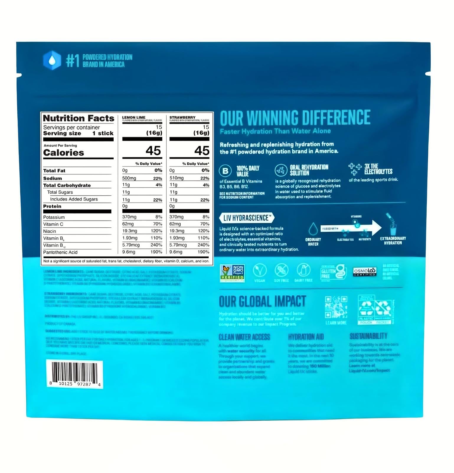 Liquid I.V. Hydration Multiplier, 30 sobres de 0,56 oz para viaje o trabajo.