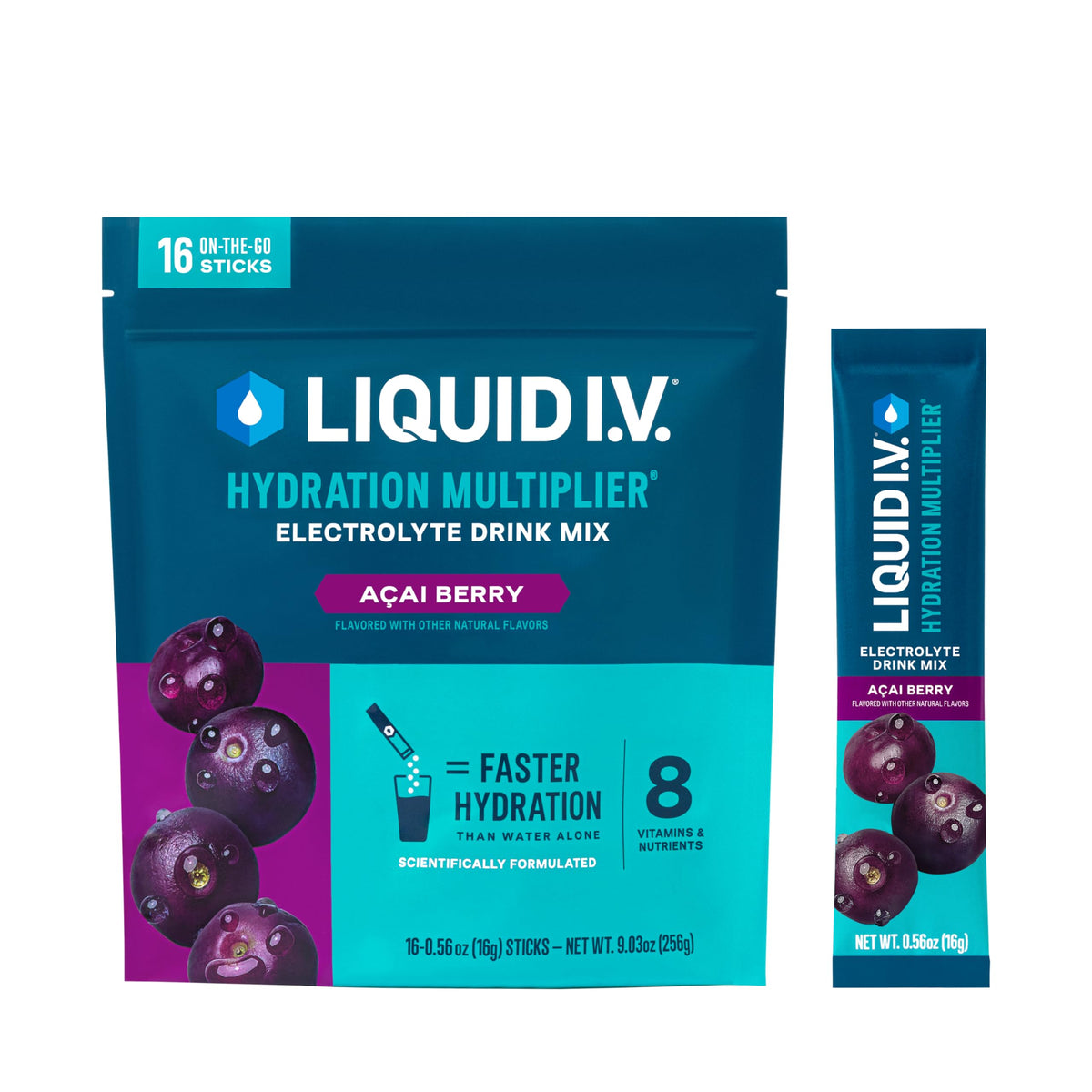 Liquid I.V Hydration Multiplier con Acai en bolsa individual para hidratación rápida.