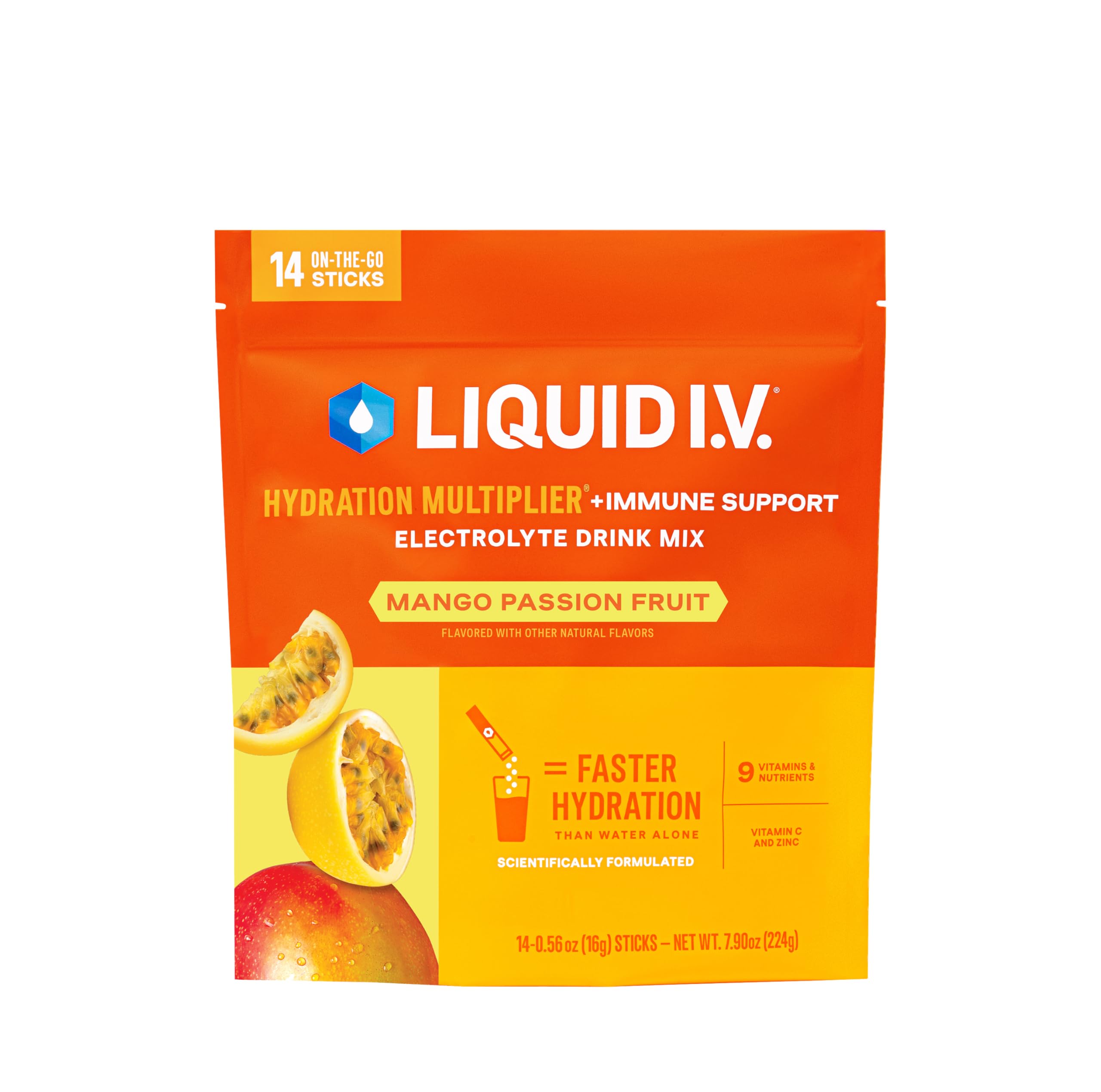 Liquid I.V. Hidratación Multiplier Mango Passion, bebida con electrolitos para hidratación diaria.