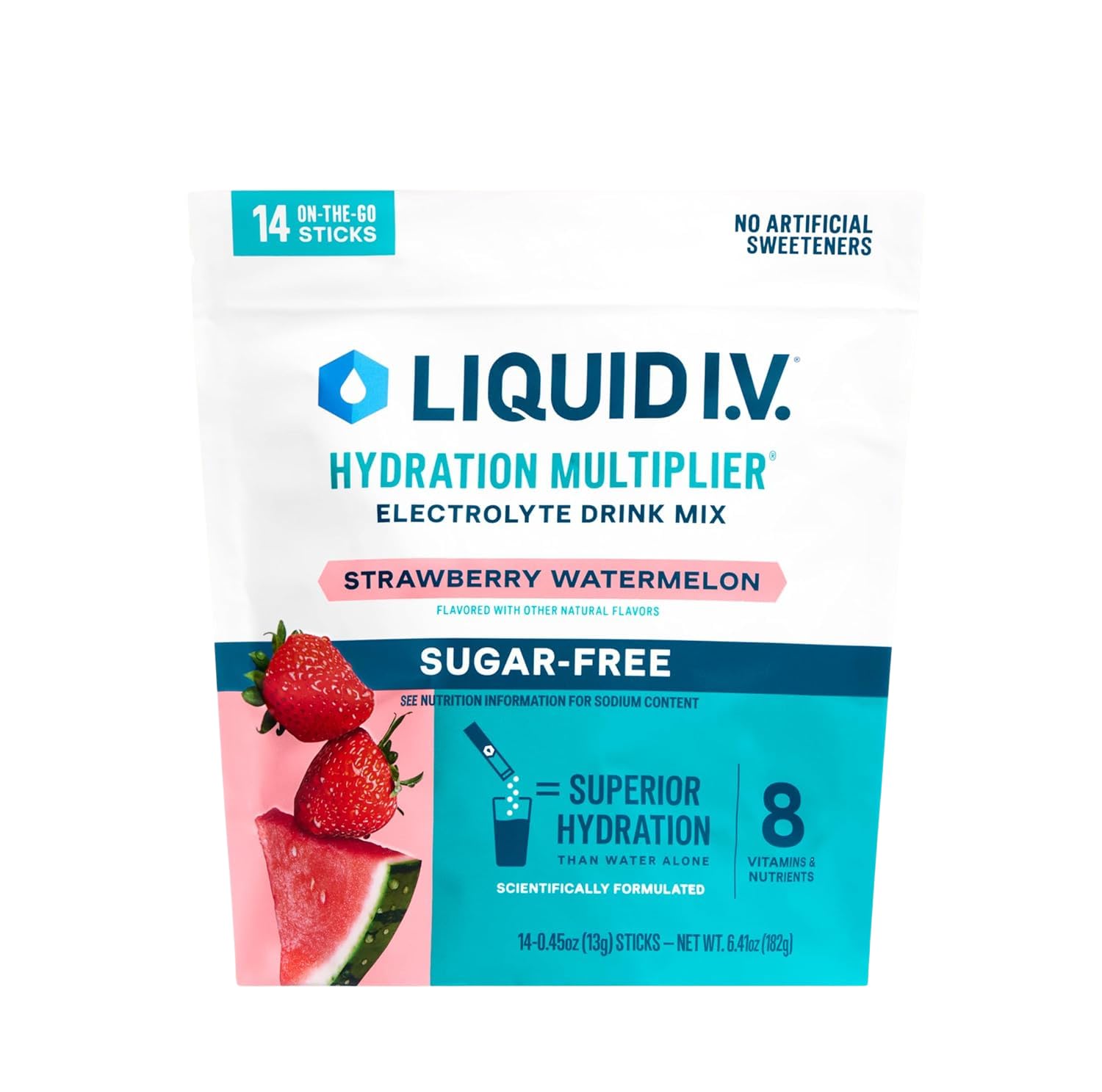 Liquid I.V. sobre de hidratación sin azúcar lista para usar, ideal para rehidratar en cualquier lugar