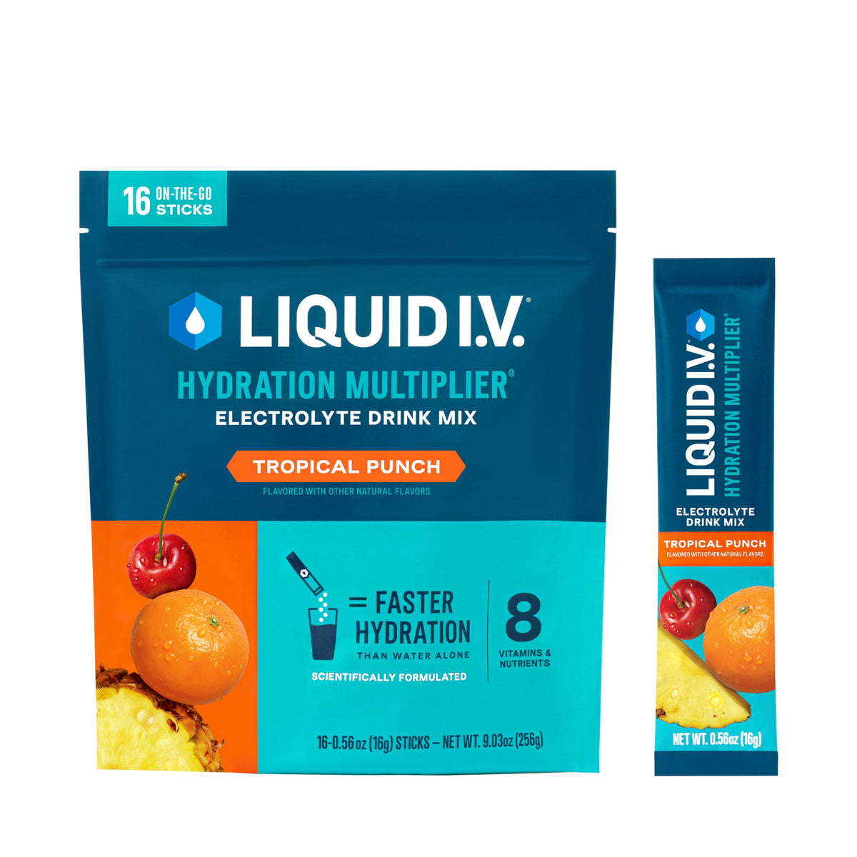 Liquid I.V. Multiplicador de Hidratación Tropical Punch, sobre para mezclar en agua y hidratarte.