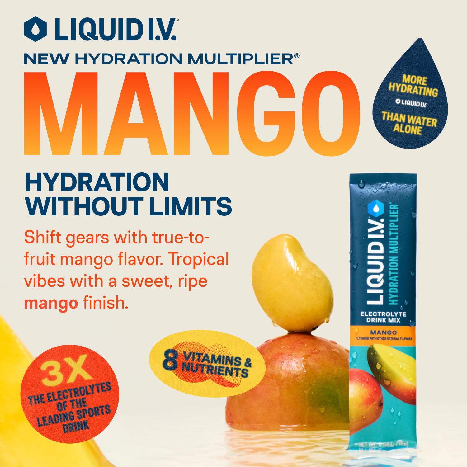 Liquid I.V. sobre una porción mango listo para mezclar