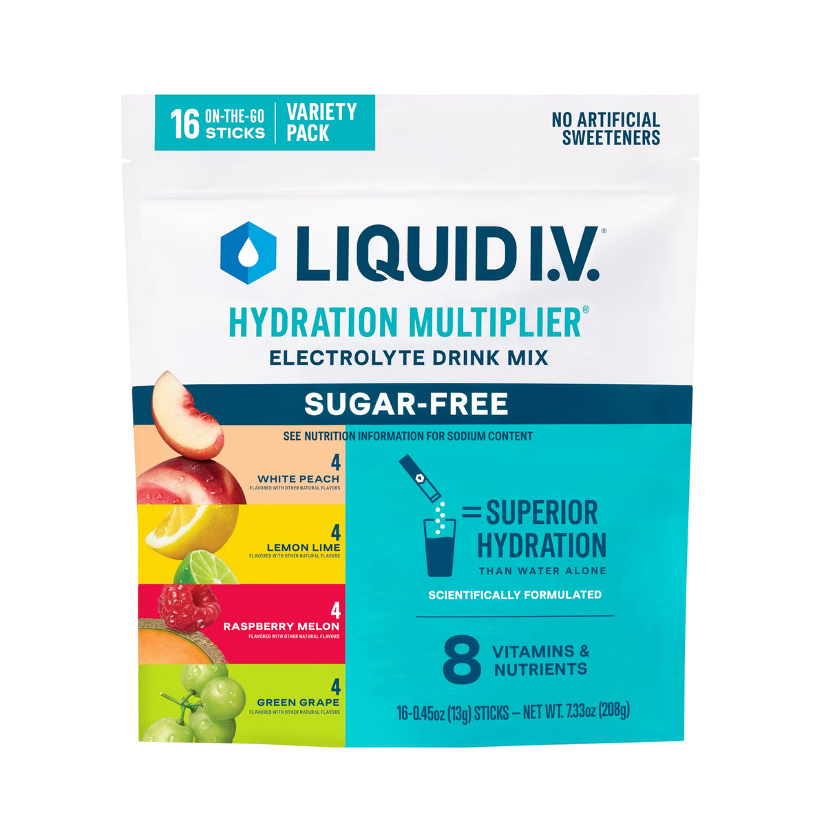 Liquid I.V. Pack sin azúcar, Frambuesa Melón, hidratación en movimiento.