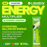 Liquid I.V. Hydration Multiplier vertido en vaso con agua y energía equilibrada.