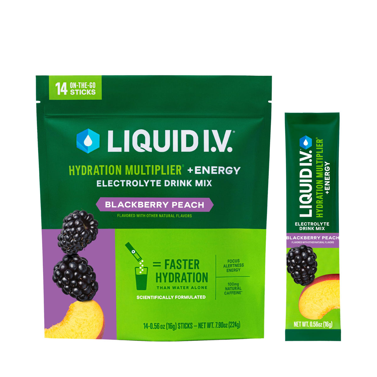 Liquid I.V. Hydratación Multiplicador + Energía con sabor zarzamora-durazno, paquete listo para llevar.
