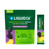 Liquid I.V. Hydratación Multiplicador + Energía con sabor zarzamora-durazno, paquete listo para llevar.