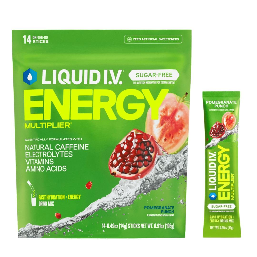 Liquid I.V. Multiplicador de Hidratación granada, empaque listo para beber tras entrenamiento.