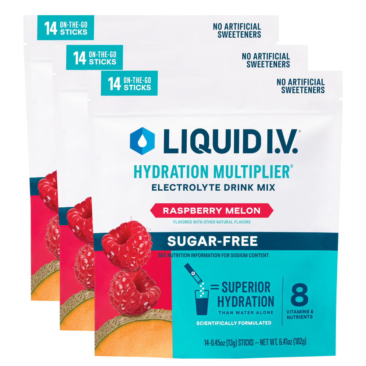 Liquid I.V. Hidratación Multiplicador sin azúcar, empaque Frambuesa-Melón para hidratación rápida.