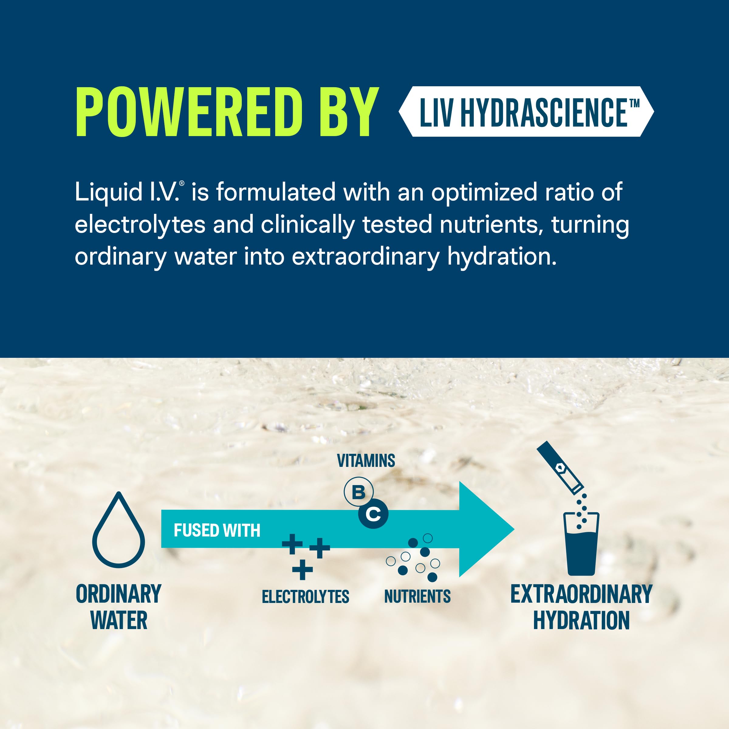 Liquid I.V. Hydration Multiplier sin azúcar, vaso con agua, sabor afrutado y refrescante.