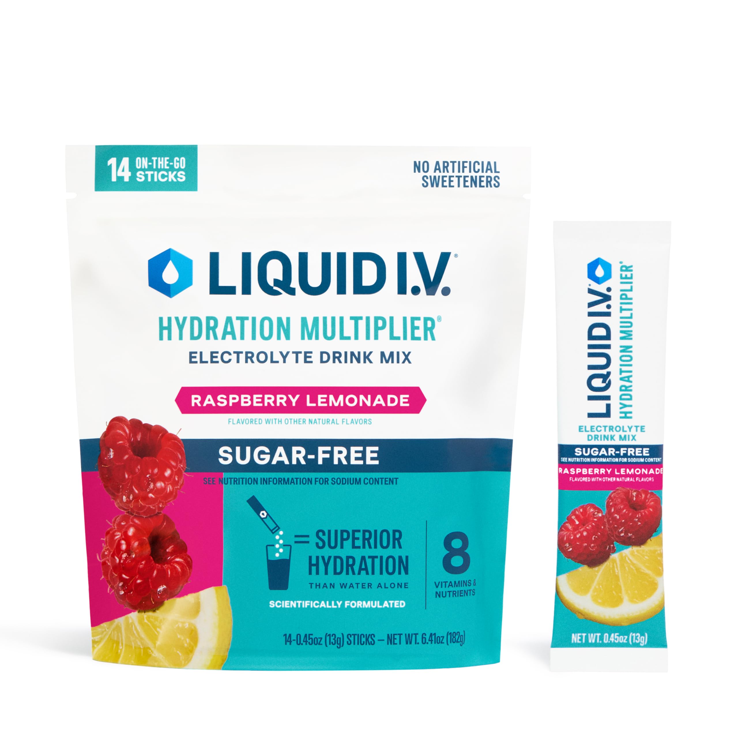 Liquid I.V. Hidratación Sin Azúcar, sabor frambuesa-limón, para mantenerte hidratado durante el día.