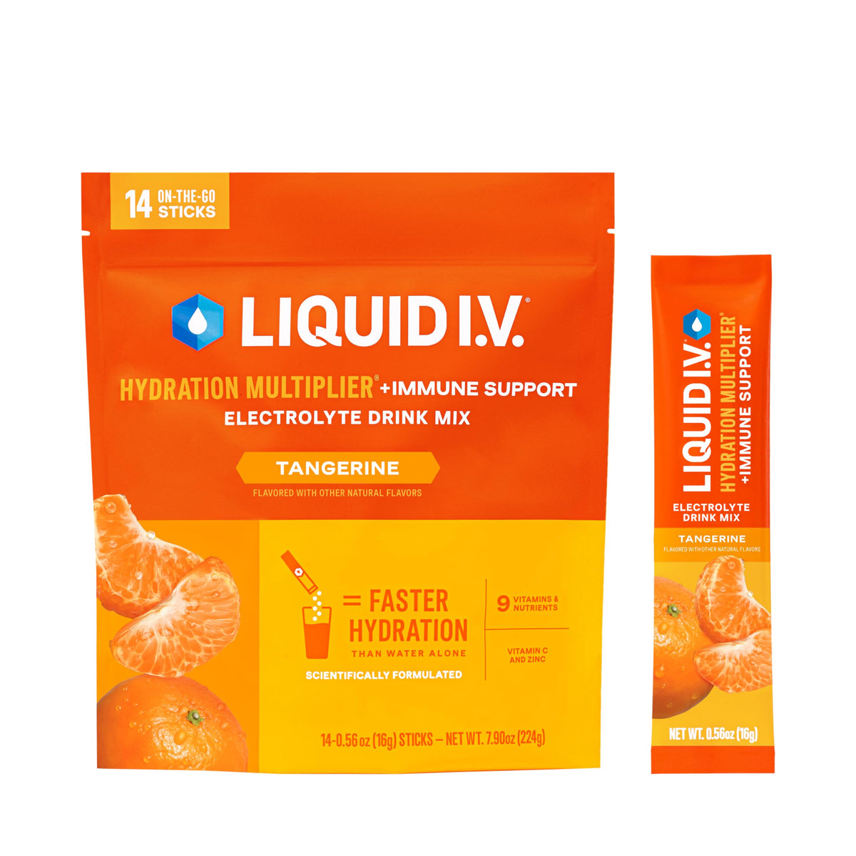 Liquid I.V. Hydration Multiplier Tangerine en botella, vertido listo para hidratación rápida y agradable.