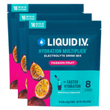 Liquid I.V. Hydration Multiplier Pasión Fruta en empaque, ideal para hidratación rápida.