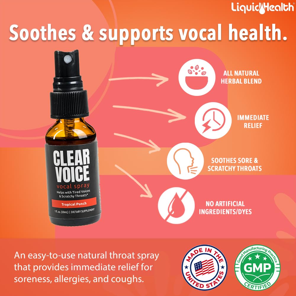 LIQUIDHEALTH Clear Voice, aplicación en atomizador, ofrece alivio inmediato para la garganta.