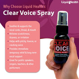 LIQUIDHEALTH Clear Voice Spray, aplicación directa en la garganta para alivio inmediato posible.