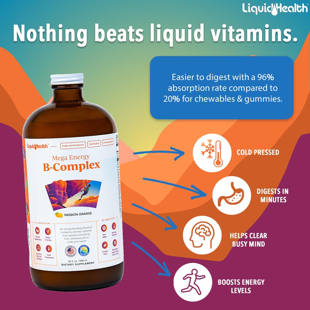 LIQUIDHEALTH Mega Energía B-Complejo, dosis medible, absorción rápida para vitalidad.