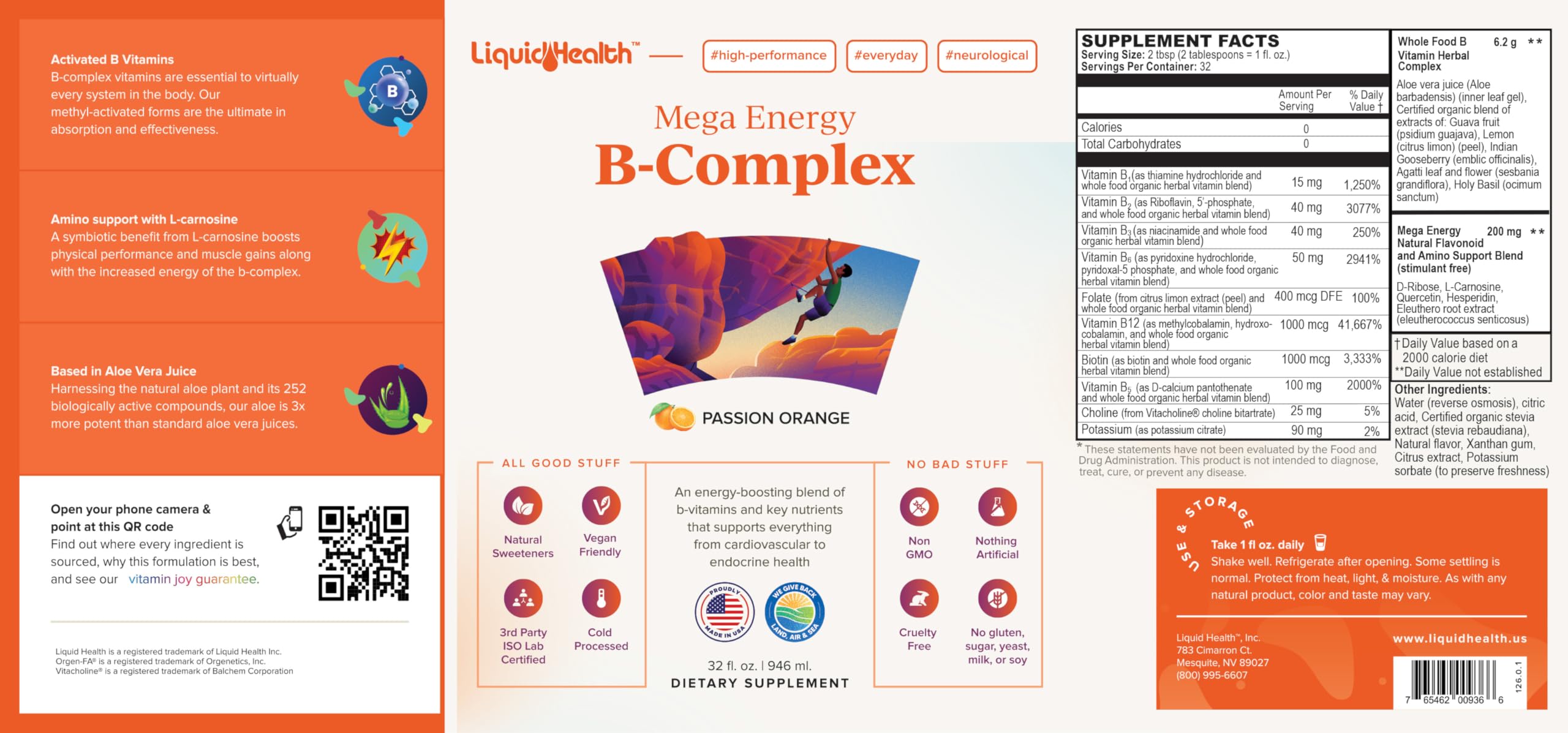 LIQUIDHEALTH Mega Energía B-Complejo, libre de gluten e ingredientes artificiales.
