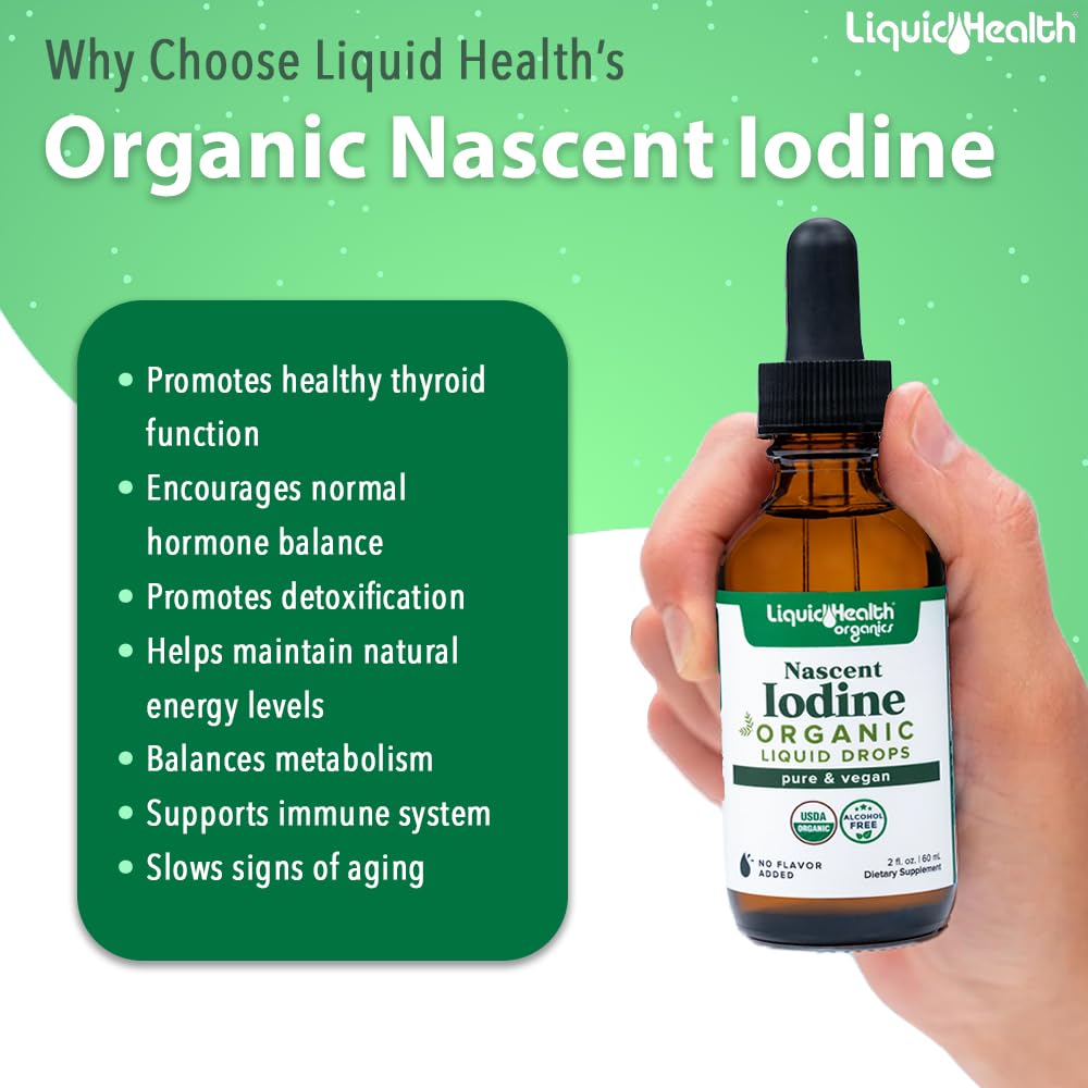 LIQUIDHEALTH yodo naciente en etiqueta clara para dosis fácil.