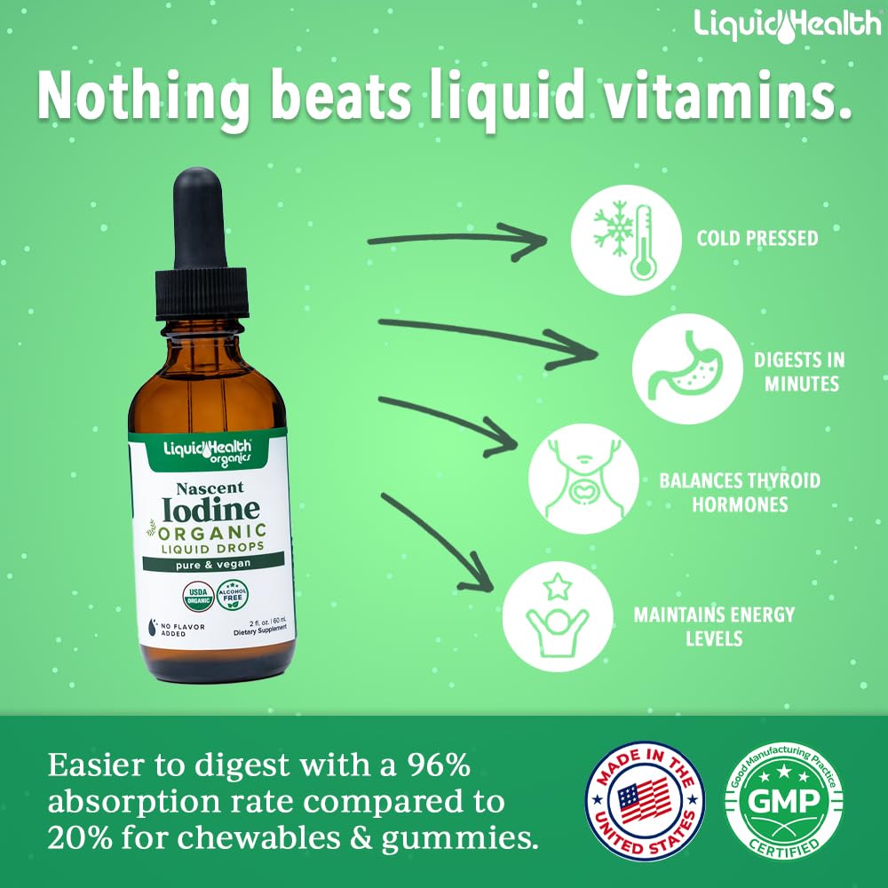 LIQUIDHEALTH yodo naciente con cuentagotas para absorción rápida.