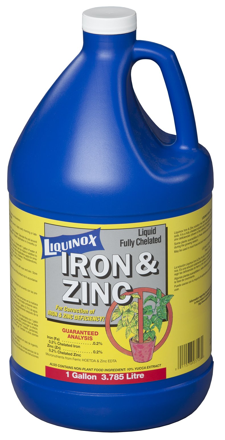 Liquinox Hierro Zinc, botella vertido, aplicación fácil para corregir clorosis y nutrir hojas.