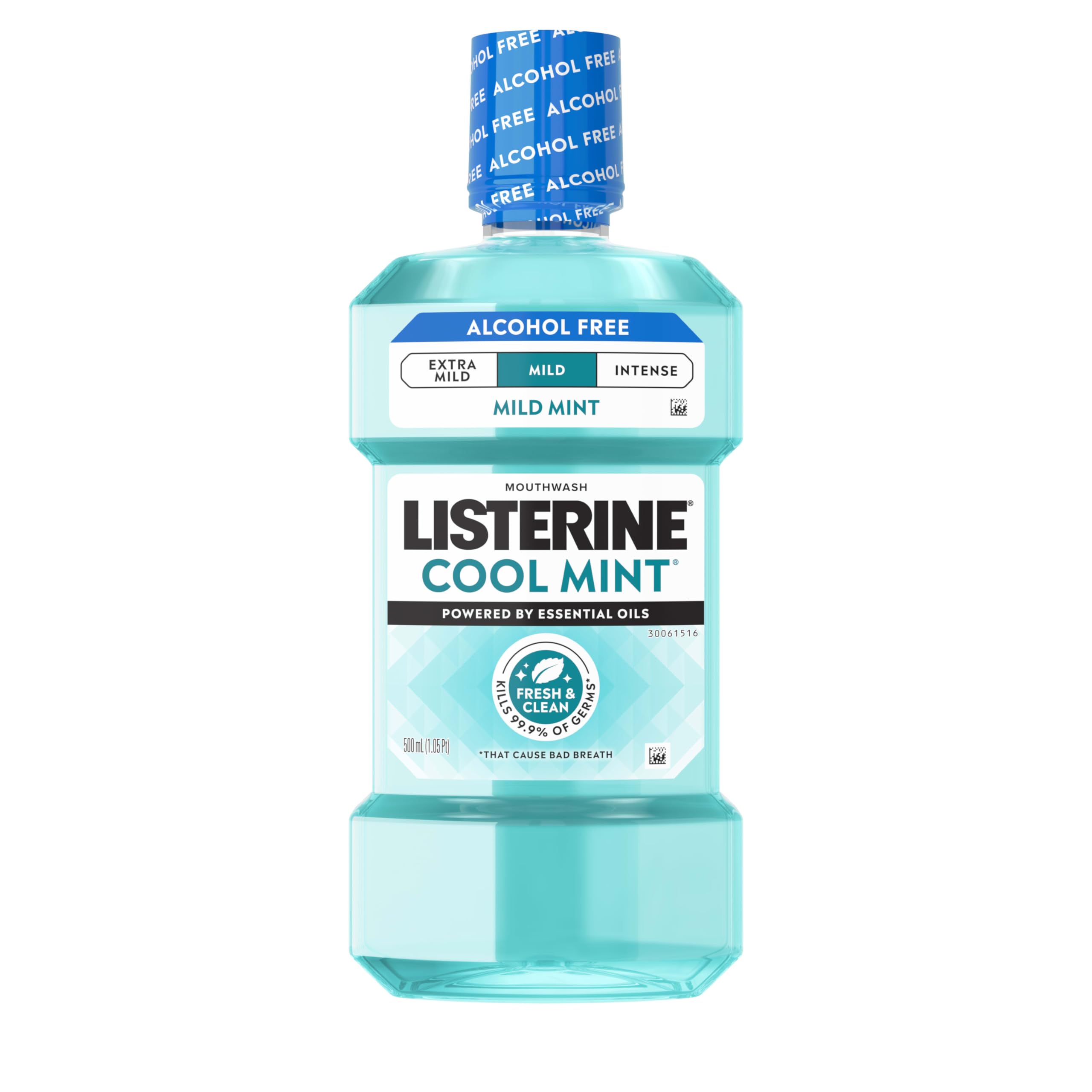 Listerine Cool Mint sin alcohol, botella de 500 ml, frescura duradera para la higiene diaria.