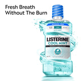 Listerine Cool Mint sin alcohol, uso recomendado 20 ml por 30 segundos para higiene bucal.