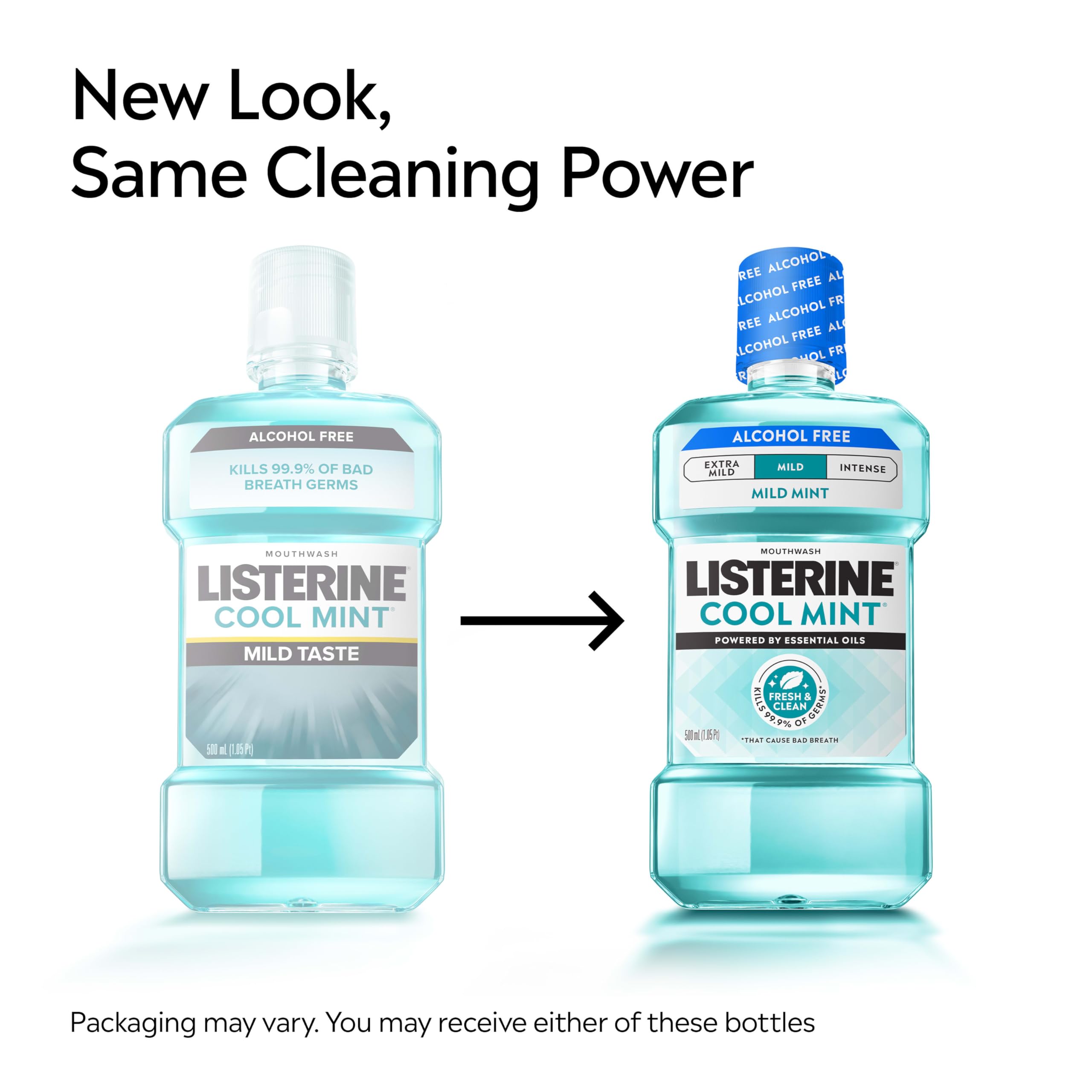 Listerine Cool Mint sin alcohol, enjuague diario para aliento fresco y sabor suave.