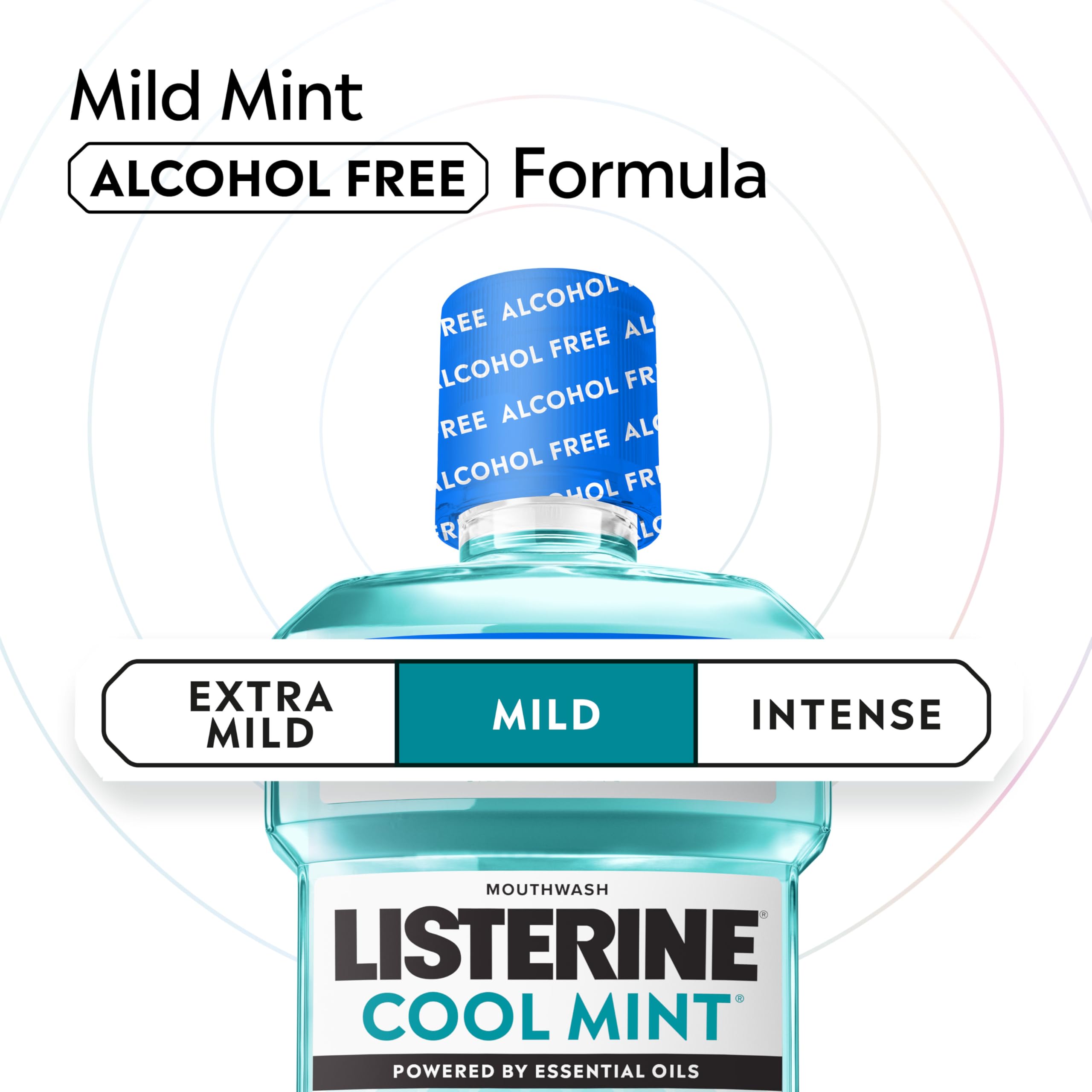 Listerine Cool Mint sin alcohol, botella 500 ml, rutina de cuidado dental diaria.