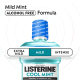 Listerine Cool Mint sin alcohol, botella 500 ml, rutina de cuidado dental diaria.