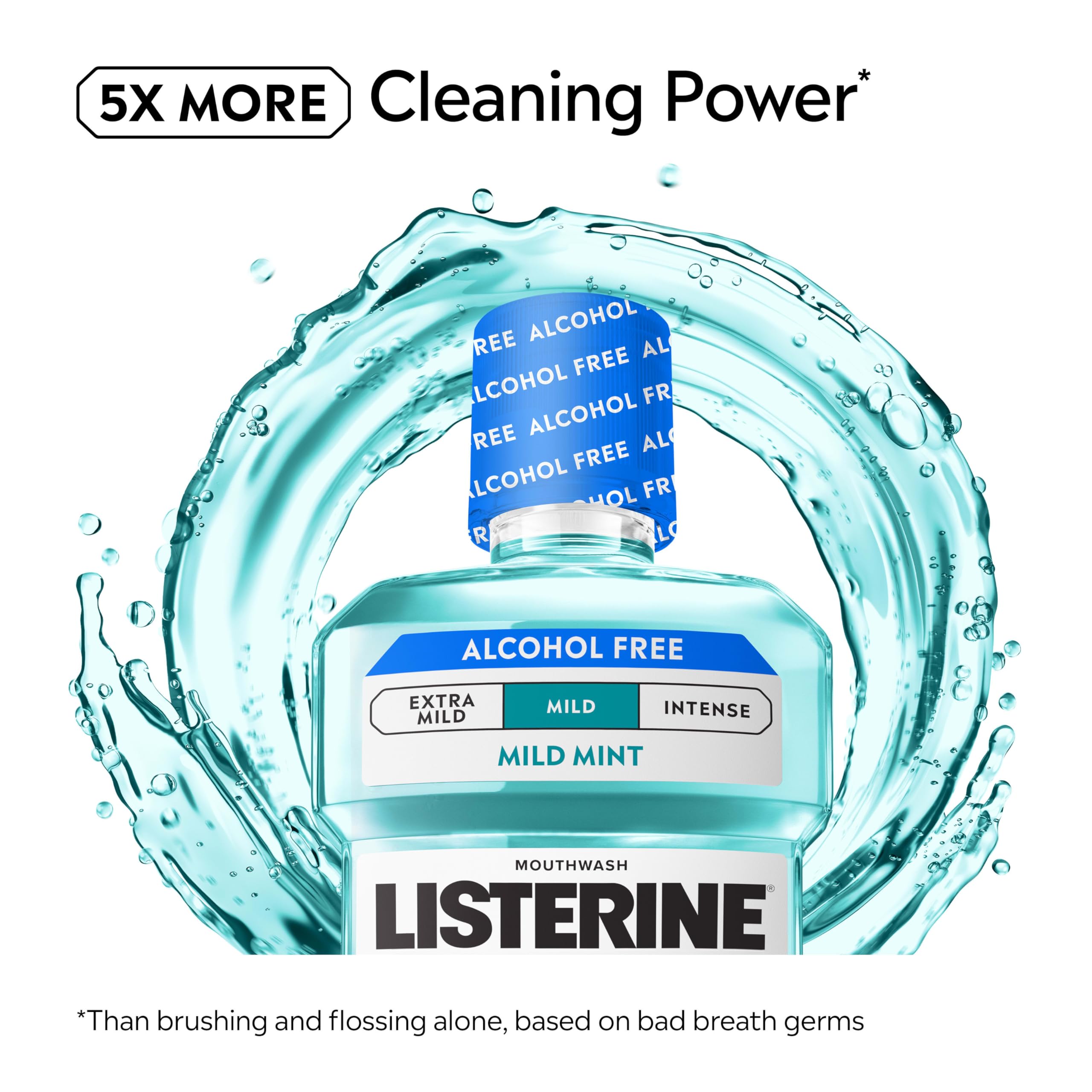 Listerine Cool Mint sin alcohol, detalle de sabor menta suave, sensación fresca tras enjuague.